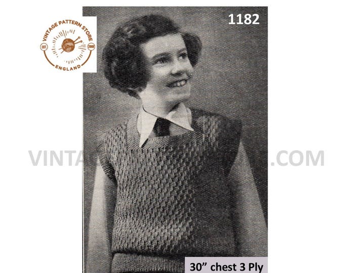 Girls 30s knitting pattern, Girls square neck textured 3 ply sweater vest tank top pattern - 30" chest - PDF download 1182