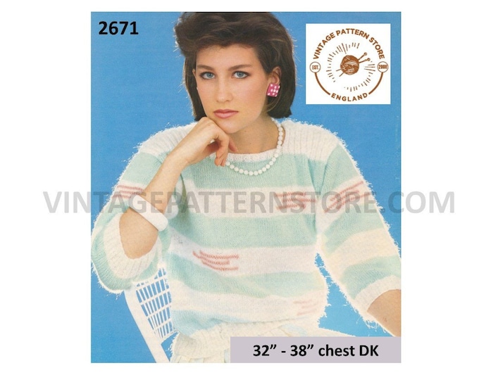 Ladies striped sweater knitting pattern, Ladies Womens 80s round neck raglan DK sweater jumper pattern - 32" - 38" chest PDF download 2671