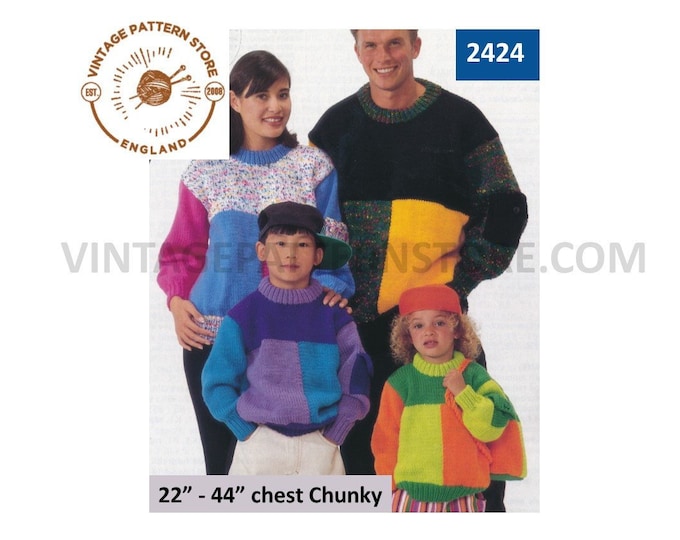 Ladies Womens Mens Boys Girls Family easy to knit geometric colour block chunky knit sweater pdf knitting pattern 22" to 44" download 2424