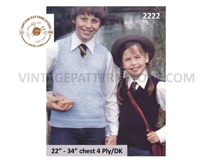 Girls Boys 80s vintage easy to knit DK and 4 ply V neck sleeveless sweater vest tank top pdf knitting pattern 22" to 34" chest Download 2222