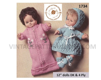 12" Doll Clothes Knitting Pattern: 70s Dress, Bonnet, Sleeping Bag (PDF Pattern)