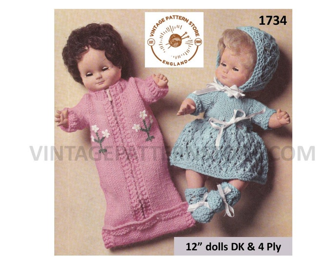 70s vintage 12" 4 ply baby dolls clothes dress bonnet booties and sleeping bag pdf knitting pattern Instant PDF download 1734