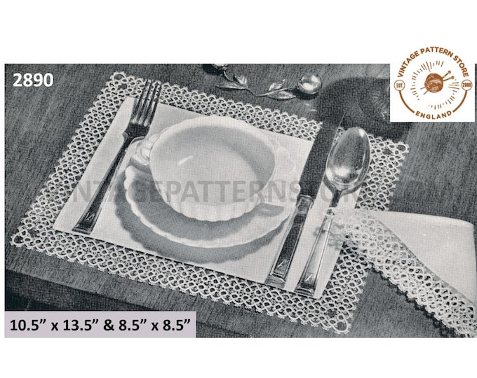 50s vintage rectangular linen tatted lace lacy edge place mats pdf tatting pattern Instant Download 2890