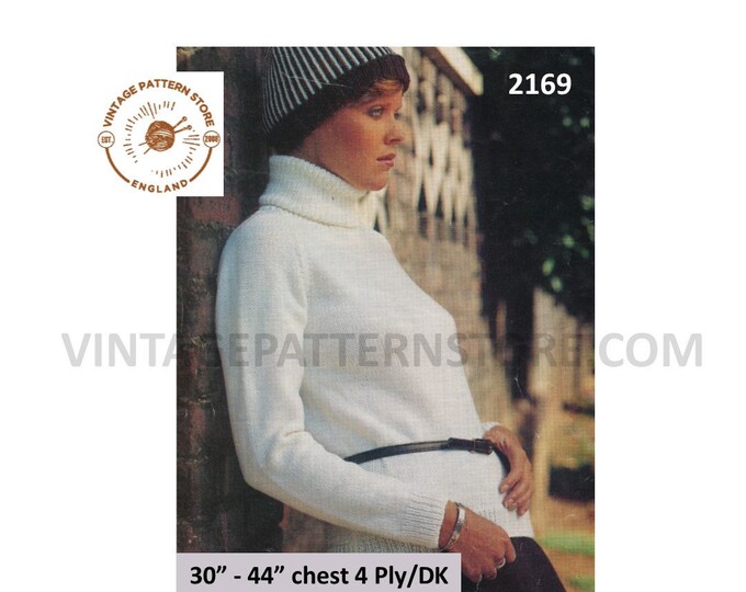 Ladies Womens 70s vintage easy to knit turtleneck polo neck DK or 4 ply raglan sweater jumper pdf knitting pattern 30" to 44" Download 2169