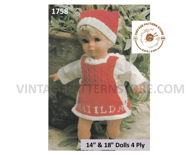 80s vintage 14" 18" 4 ply dolls clothes pinafore dress panties and hat pdf knitting pattern Instant PDF download 1758