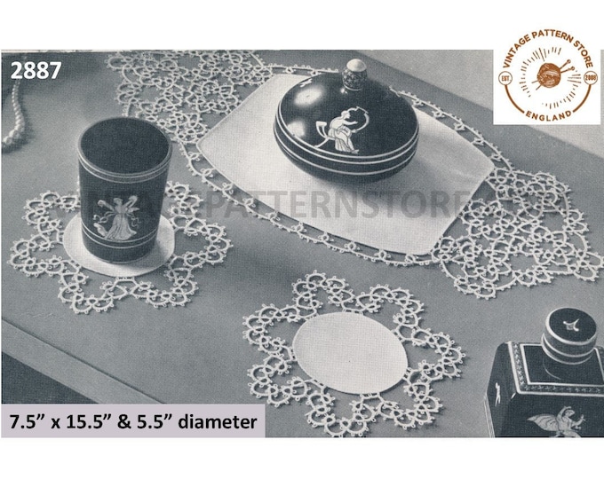 30s vintage tatted lace edging linen cheval dressing table set doily doilies table mat pdf tatting pattern Instant PDF Download 2887