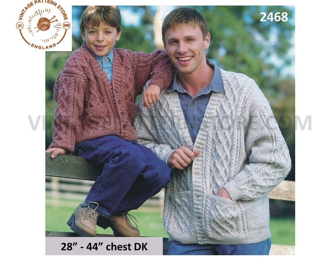 Mens Mans Boys 90s DK V neck Celtic cabled cable drop shoulder dolman cardigan pdf knitting pattern 28" to 44" chest PDF download 2468