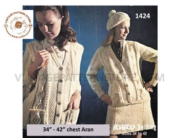 70s Vintage Aran Cable Knit Set Pattern: Cardigan, Skirt, Beret (PDF Pattern)