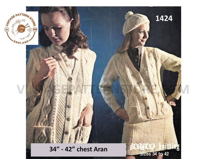 Ladies Womens 70s vintage V neck cable cabled raglan aran cardigan waistcoat skirt and beret pdf knitting pattern 34" to 42" Download 1424