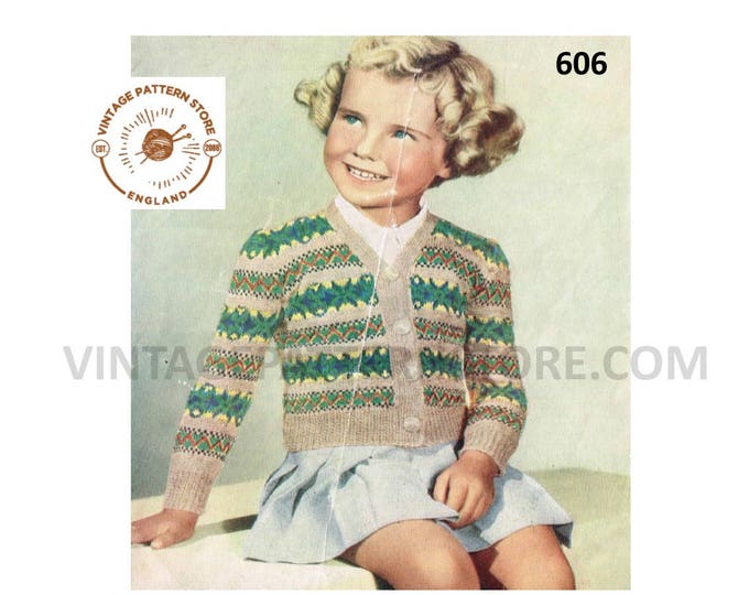 Girls 40s vintage retro 2 ply V neck fair isle banded raglan cardigan pdf knitting pattern 22" to 24" chest Instant PDF download 606