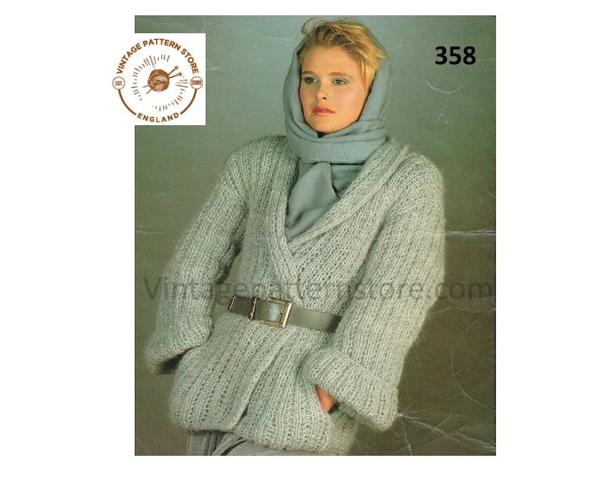 Ladies Womens 90s shawl collar chunky knit loose fit slouchy mohair jacket pdf knitting pattern 30" to 38" chest Instant PDF download 358