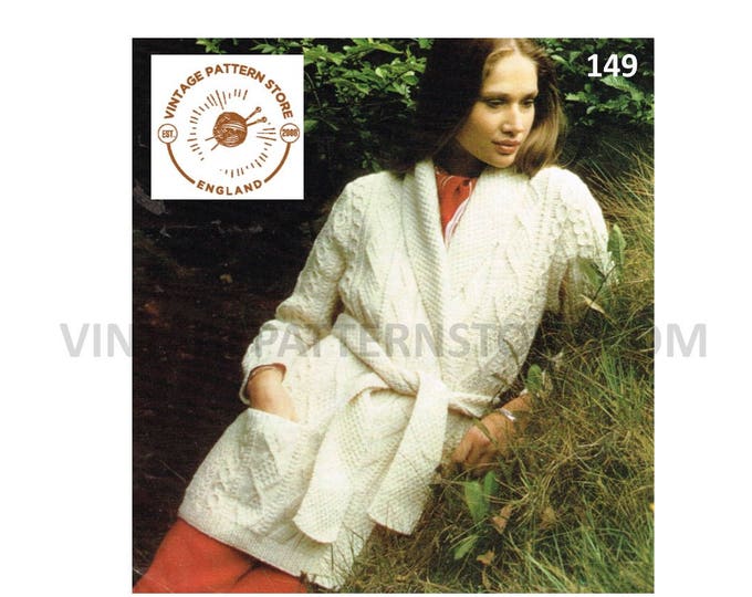 Ladies Womens 80s vintage shawl collar long line belted raglan aran jacket coat pdf knitting pattern 32" to 40" chest Instant download 149
