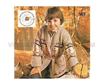Boys 70s vintage chunky knit shawl collar V neck fair isle banded belted raglan jacket coat pdf knitting pattern 26" to 32" PDF download 565