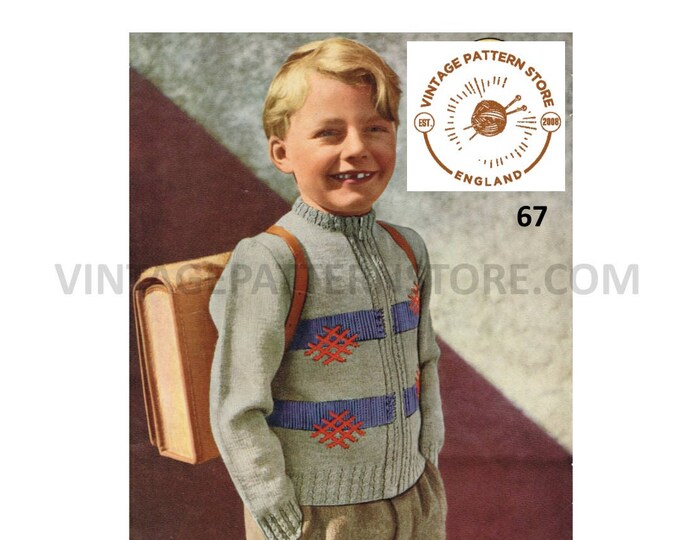 Boys 50s vintage crew neck zipped zip up DK raglan cardigan jacket pdf knitting pattern 25" to 28" chest Instant PDF Download 67