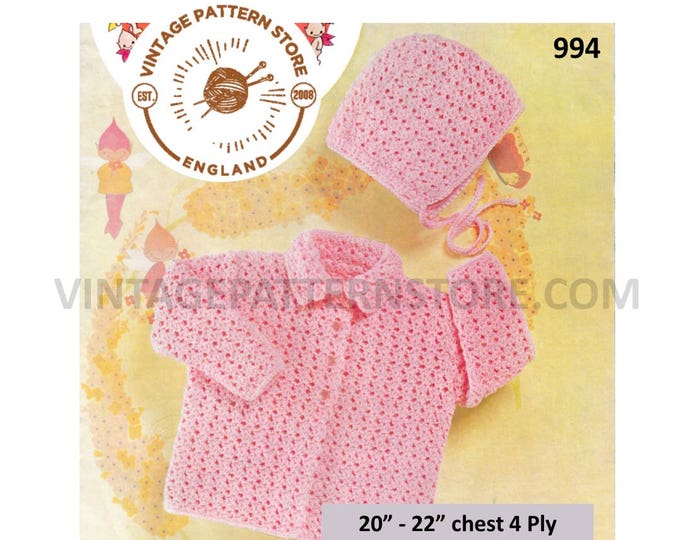 Baby Babies 60s vintage 4 ply lacy matinee coat jacket cardigan & bonnet pdf crochet pattern 20" to 22" chest Instant PDF download 994