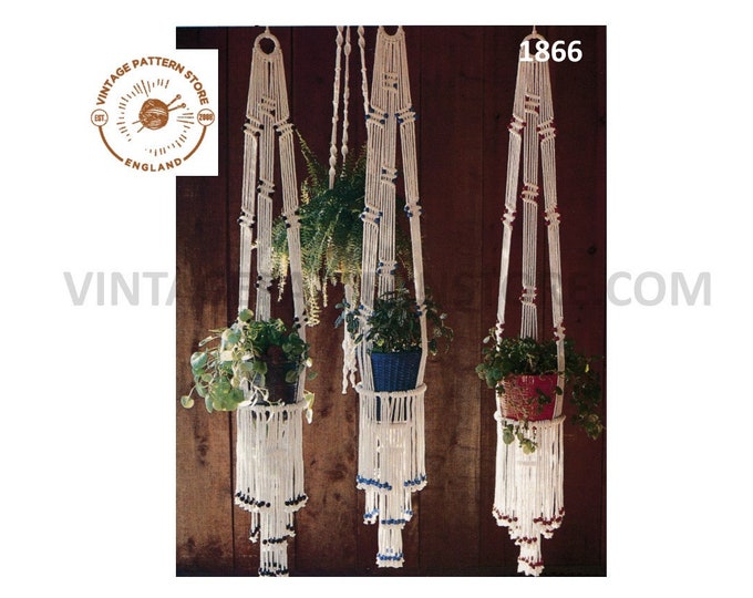 70s vintage beaded macrame plant hanger pdf macrame pattern, 70s vintage retro indoor garden gardening 5.5 foot long Instant download 1866