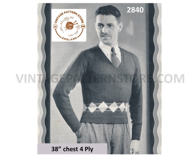 Mens 30s sweater knitting pattern, Mens V neck diamond intarsia raglan 4 ply sweater pattern - 38" chest - PDF download 2840