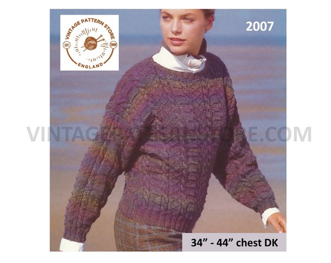 Ladies Womens 90s DK round neck textured drop shoulder dolman sweater jumper pdf knitting pattern 34" to 44" chest Instant PDF download 2007