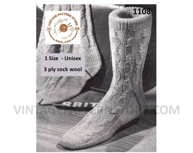 Ladies Womens Mens Mans 50s vintage 3 ply cable cabled socks pdf knitting pattern Instant PDF download 1108