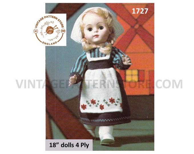 70s vintage 18" 4 ply dolls clothes Dutch national dress pdf knitting pattern Instant PDF Download 1727