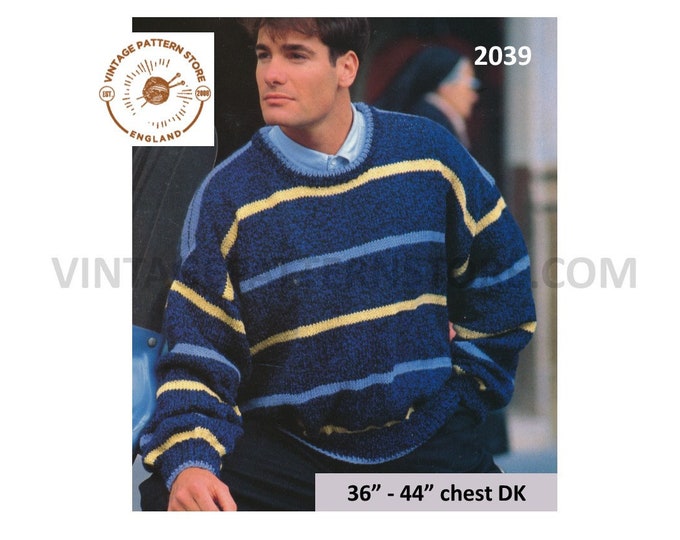 Mens Mans 90s DK simple & easy to knit round neck striped drop shoulder dolman sweater jumper pdf knitting pattern 36" to 44" Download 2039