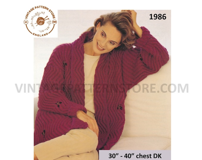 Ladies Womens 90s DK shawl collar cable cabled dolman jacket pdf knitting pattern with optional embroidery 30" to 40" Download 1986