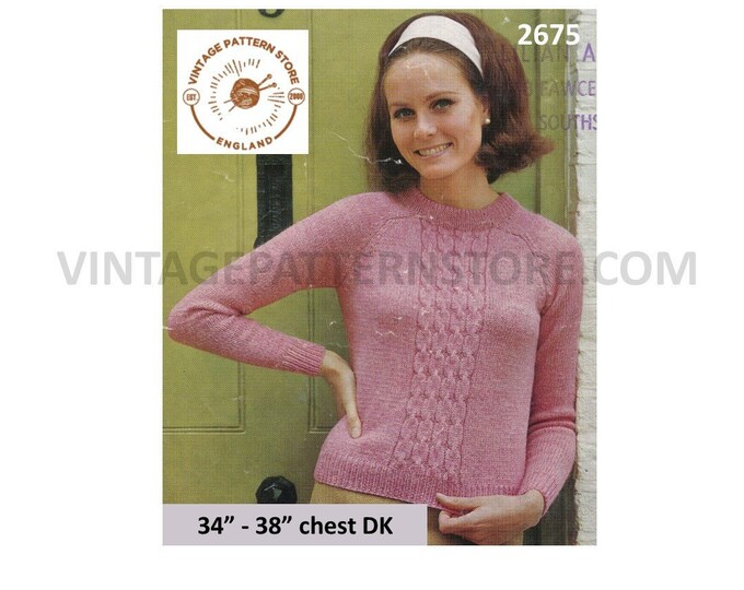 Womens Ladies 60s vintage DK crew neck cable panel cabled raglan sweater jumper pdf knitting pattern 34" to 38" chest Instant download 2675