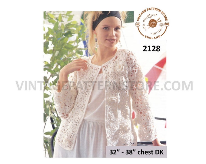 Ladies Womens 90s round neck raised floral motif DK raglan cardigan jacket pdf crochet pattern 32" to 38" chest instant PDF Download 2128