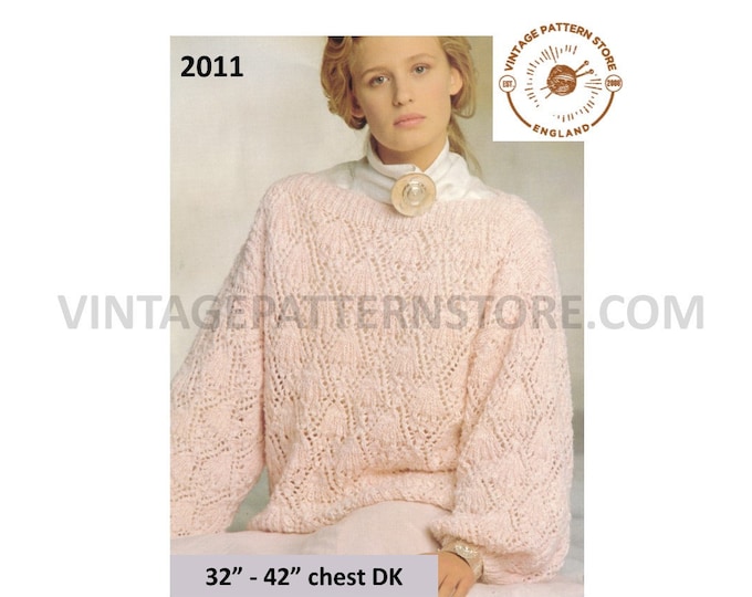 Ladies Womens 90s DK slash neck eyelet lace lacy drop shoulder dolman sweater jumper pdf knitting pattern 32" to 42" Instant download 2011