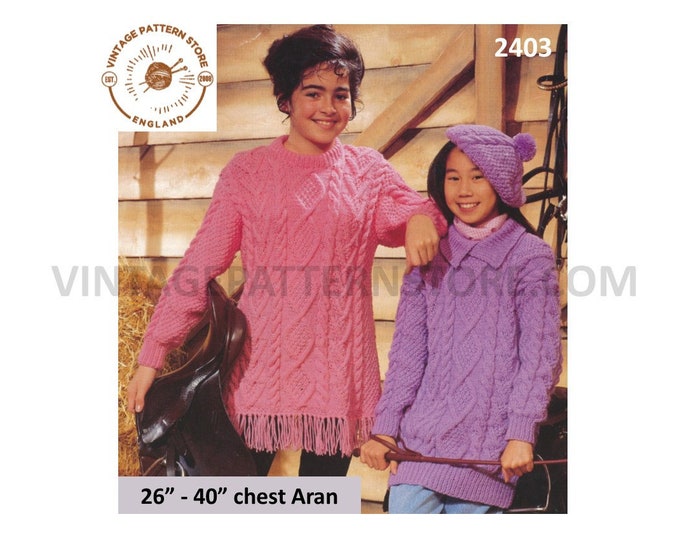Womens Girls 90s round neck collared fringed cable cabled aran raglan sweater jumper & beret pdf knitting pattern 26" to 40" Download 2403