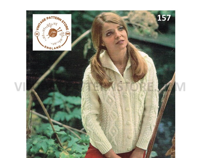 Ladies Womens 80s vintage retro collared V neck cabled cable raglan aran cardigan jacket pdf knitting pattern 34" to 40" chest Download 157