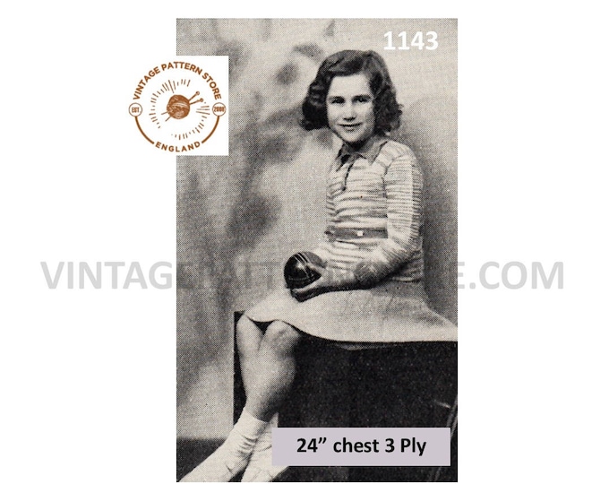 Girls 30s vintage 3 ply shirt neck collared belted raglan sweater jumper and skirt pdf knitting pattern 24" chest Instant PDF download 1143