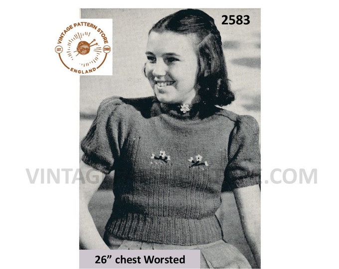 Girls 40s worsted round neck boxy short sleeve rib panel raglan sweater and optional embroidery pdf knitting pattern 26" chest Download 2583