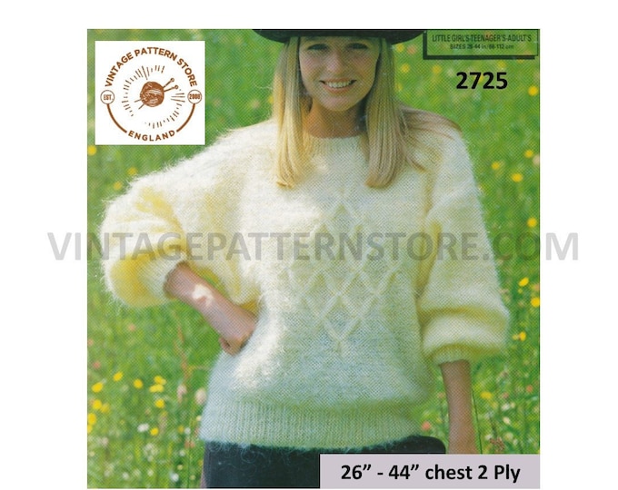 Ladies Womens Girls 90s 2 ply round neck diamond smocked drop shoulder dolman sweater jumper pdf knitting pattern 26" to 44" Download 2725