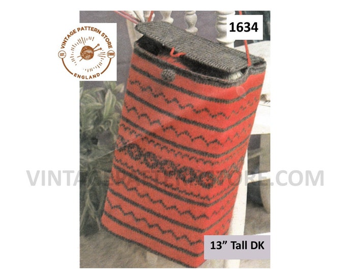Ladies Womens 80s vintage DK fair isle banded rectangular box bag purse pdf knitting pattern 12cm x 18cm x 33cm Instant PDF Download 1634