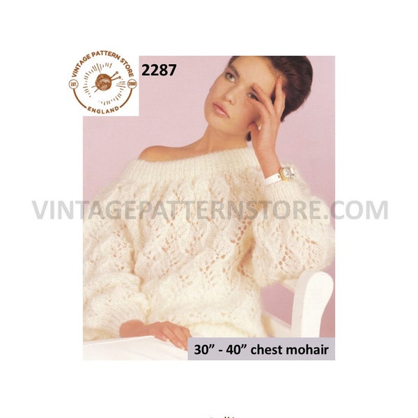 Ladies Womens 90s cabled cable & eyelet lace off shoulder lacy dolman mohair sweater jumper pdf knitting pattern 30" to 40" Download 2287
