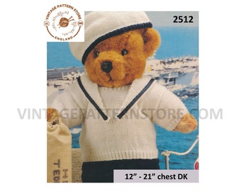 90s DK Teddy bear clothes sailors outfit with shirt hat and pants pdf knitting pattern 12&quot; to 21&quot; chest Instant PDF download 2512
