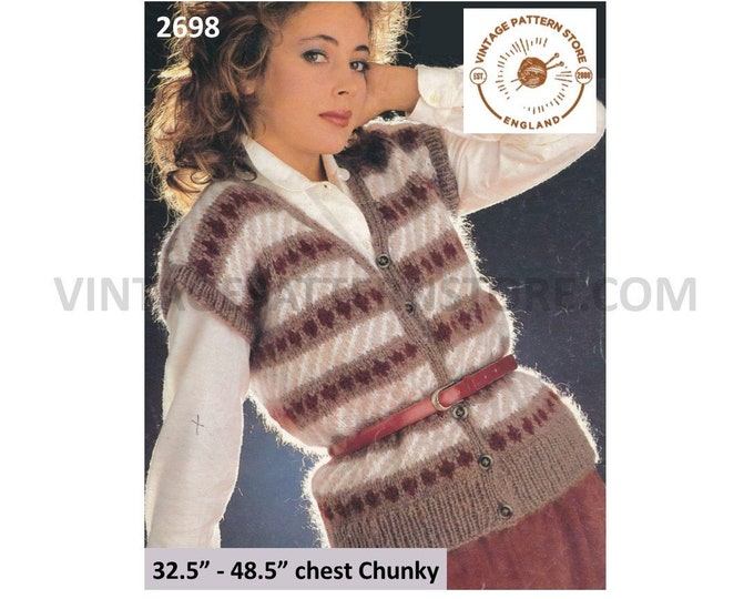 Ladies 80s waistcoat knitting pattern, Ladies Womens fair isle banded chunky knit waistcoat pattern - 32.5" - 48.5" bust - PDF download 2698