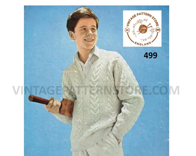 Mens Mans Boys 70s vintage V neck DK cabled cable & textured raglan cricket sweater jumper pdf knitting pattern 30" to 40" PDF download 499