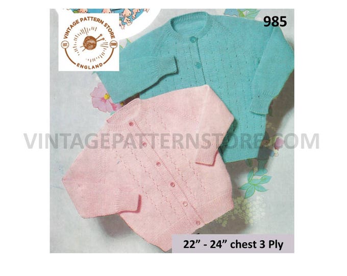 Baby Babies Toddlers 70s vintage 3 ply round neck lacy lace raglan cardigan pdf knitting pattern 20" to 24" chest Instant PDF download 985