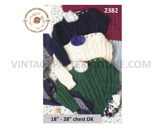 Toddlers Boys 90s DK round neck twist cable cabled button shoulder raglan sweater jumper pdf knitting pattern 18" to 28" chest Download 2382