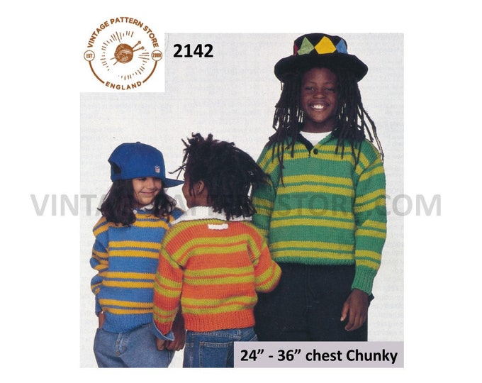 Boys Girls 90s chunky knit shirt neck striped drop shoulder dolman rugby sweater jumper pdf knitting pattern 24" to 36" PDF Download 2142
