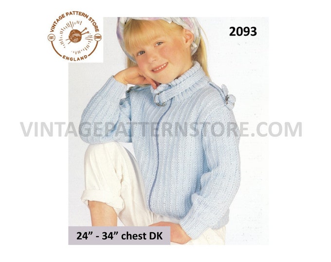 Girls childs 90s DK crew neck zipped zip up cable cabled belted raglan cardigan jacket knitting pattern 24" to 34" chest PDF Download 2093