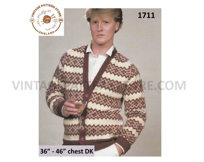 Mens Mans 80s vintage retro V neck fair isle banded raglan DK cardigan pdf knitting pattern 36" to 46" chest Instant PDF download 1711