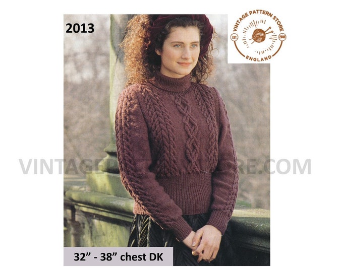 Ladies Womens 90s DK turtleneck polo neck cable cabled deep welt raglan sweater jumper pdf knitting pattern 32" to 38" chest download 2013