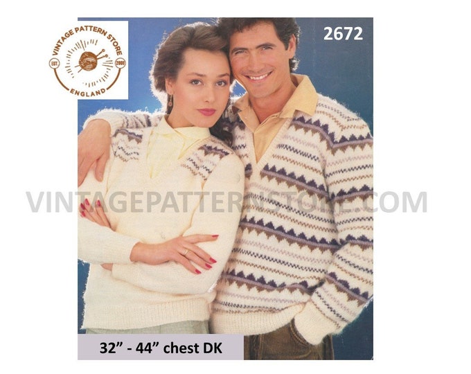 Ladies Womens Mens 80s vintage fair isle banded raglan DK sweater jumper pdf knitting pattern 32" to 44" chest Instant PDF download 2672