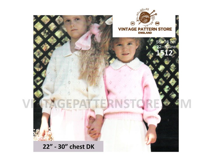 Girls 90s round neck collared lacy DK raglan sweater jumper & cardigan pdf knitting pattern 22" to 30" chest Instant PDF Download 1512