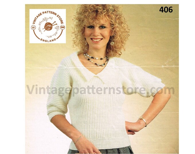 Ladies Womens 90s 4 ply or DK V neck collared short sleeve dolman Summer sweater jumper pdf knitting pattern 30" to 40" chest Download 406