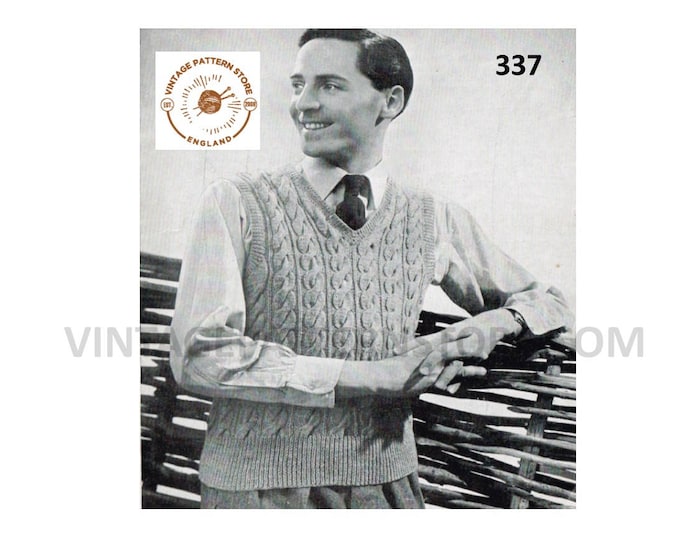 Mens Mans 50s vintage 3 ply V neck cable cabled sleeveless slipover sweater vest tank top pdf knitting pattern 37" to 39" PDF download 337