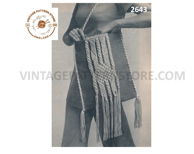 70s vintage easy to make fringed shoulder bag tote pdf macrame pattern Instant PDF download 2643